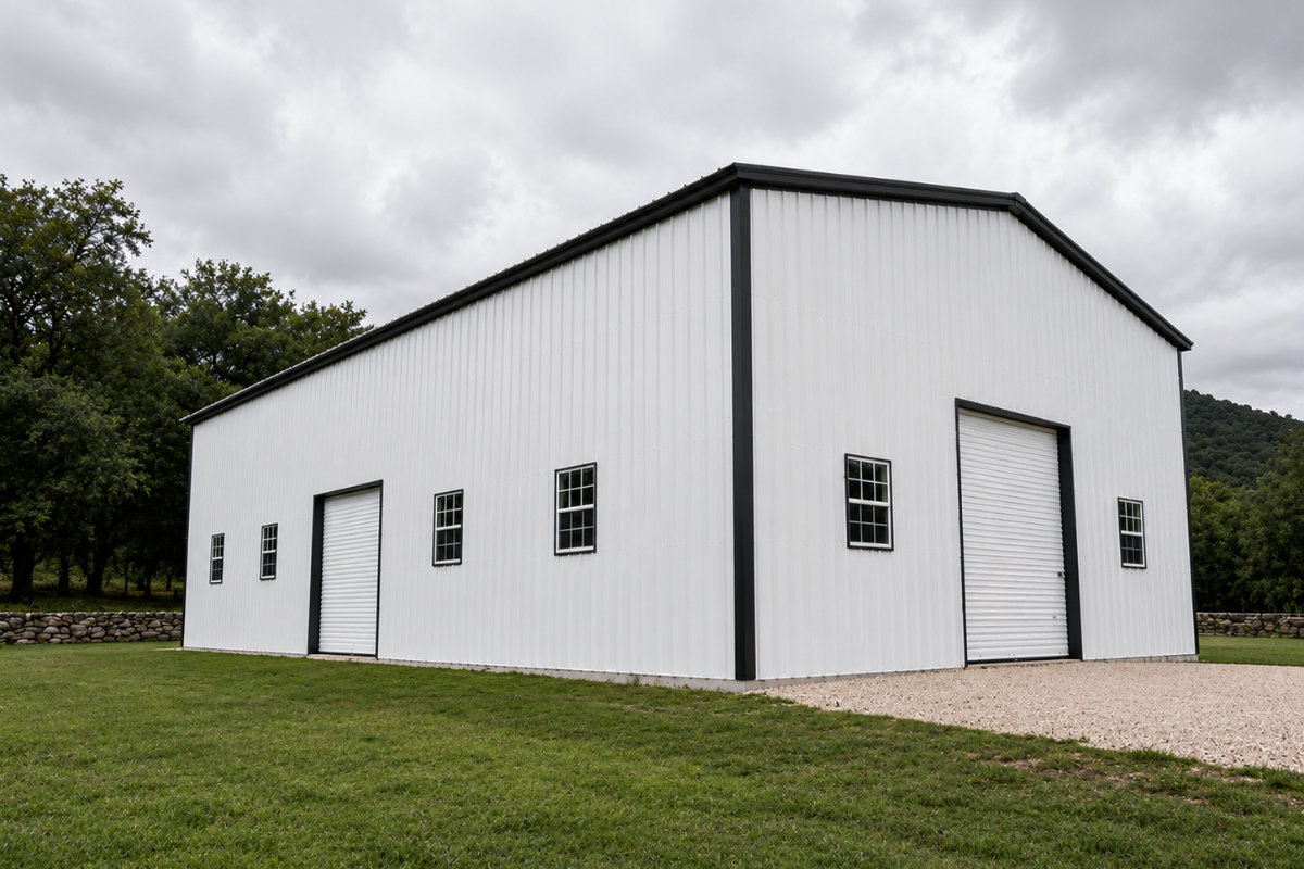 White metal shop building