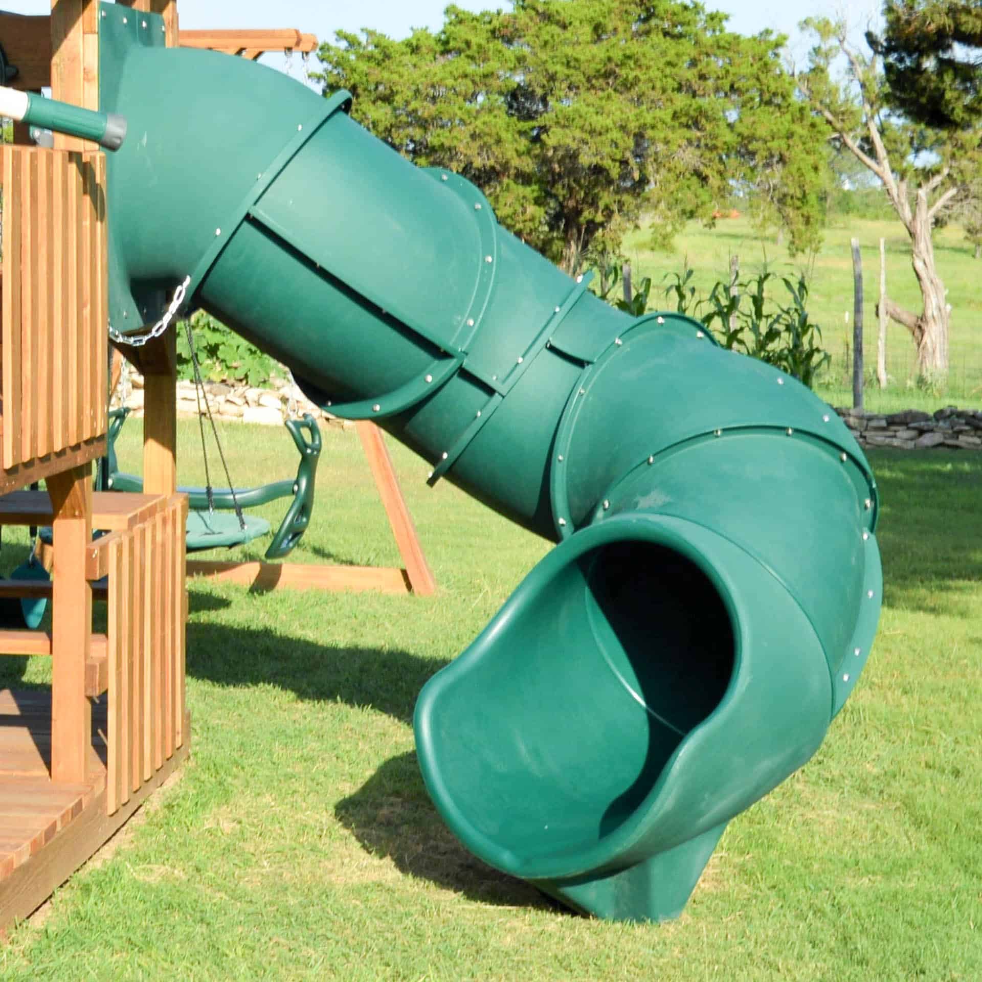 Tall spiral tube slide on a 7 foot deck