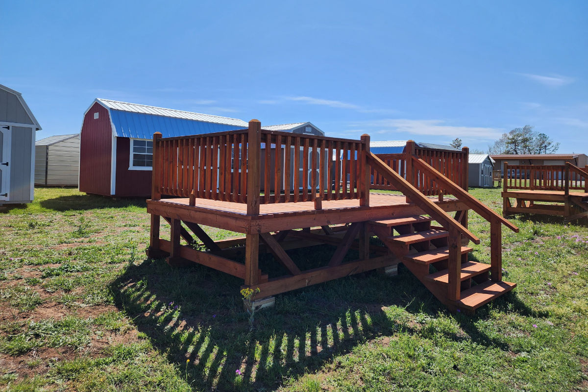 Brown-stained portable deck on display
